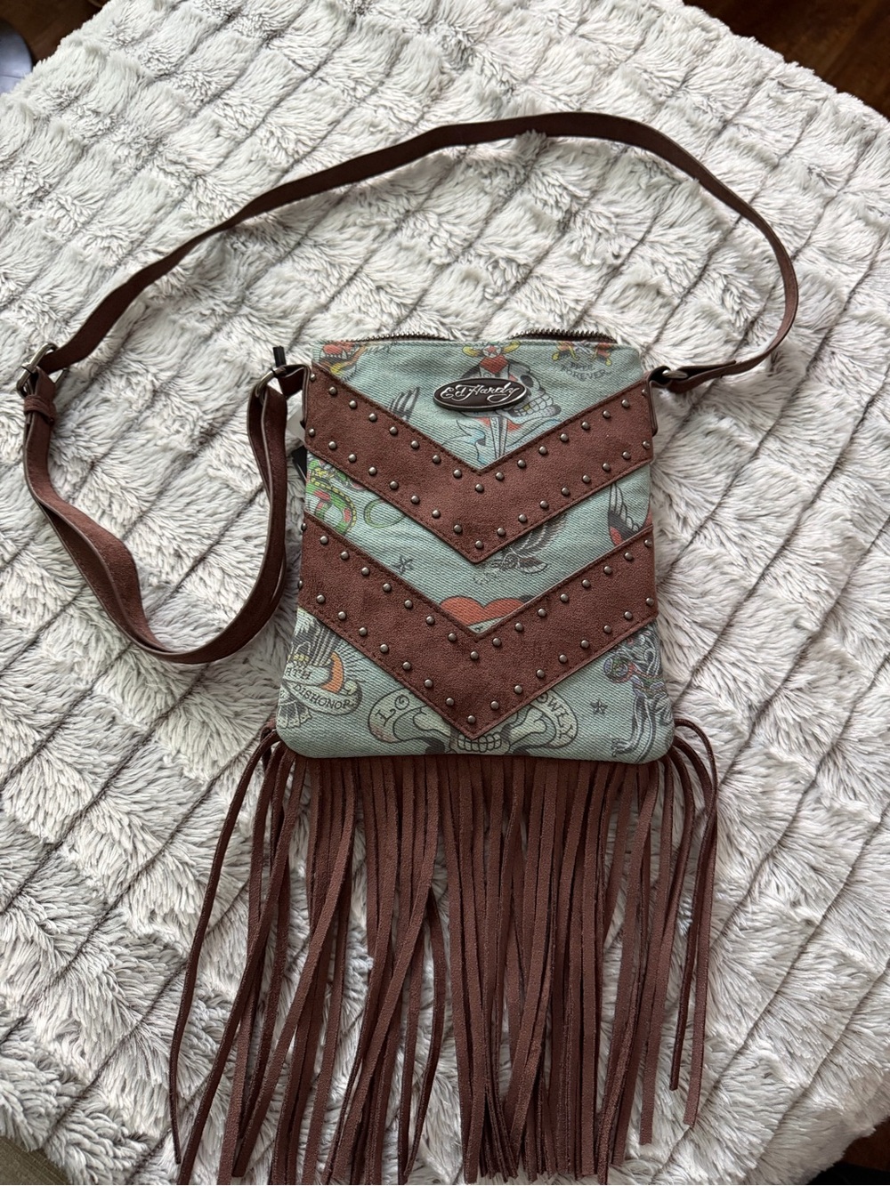 Ed Hardy Teal Patterned Fringe Crossbody with Brown Accents
